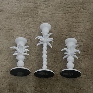 White Pineapple /palm tree Ceramic Candle Holder Set - 3 Piece